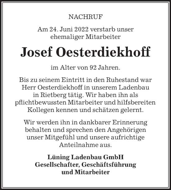 Traueranzeige von Josef Oesterdiekhoff von Die Glocke