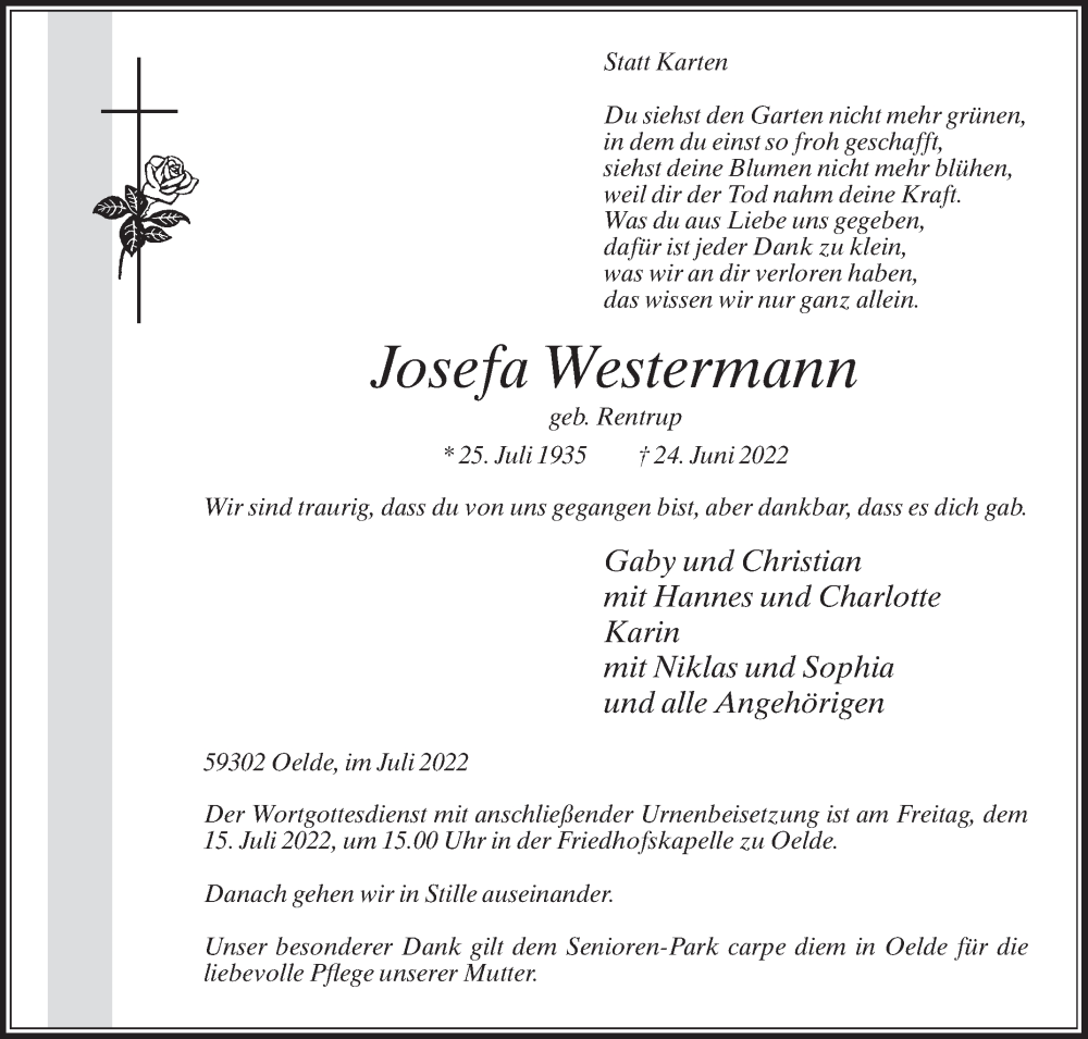  Traueranzeige für Josefa Westermann vom 06.07.2022 aus Die Glocke