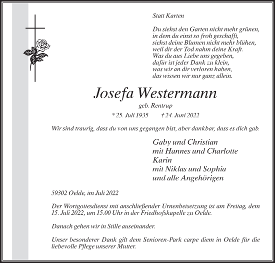 Traueranzeige von Josefa Westermann von Die Glocke