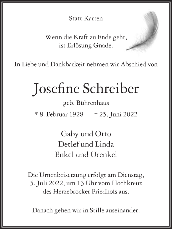 Traueranzeige von Josefine Schreiber von Die Glocke