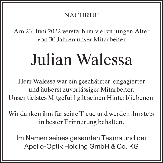 Traueranzeige von Julian Walessa von Die Glocke