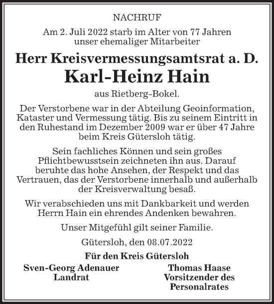 Traueranzeige von Karl-Heinz Hain von Die Glocke
