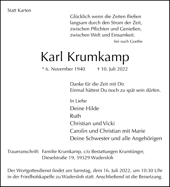 Traueranzeige von Karl Krumkamp von Die Glocke