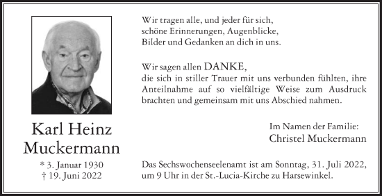 Traueranzeige von Karl Heinz Muckermann von Die Glocke