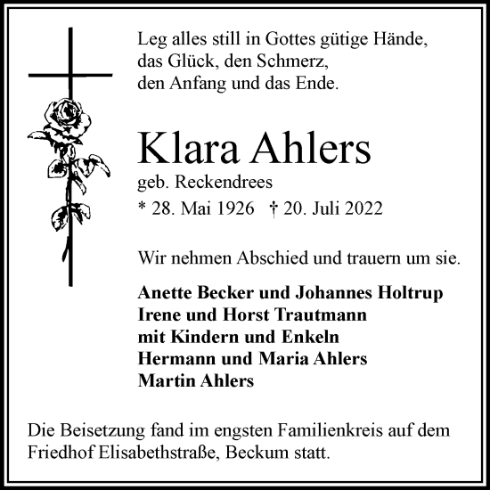 Traueranzeige von Klara Ahlers von Die Glocke