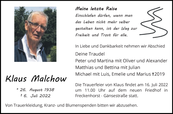 Traueranzeige von Klaus Malchow von Die Glocke