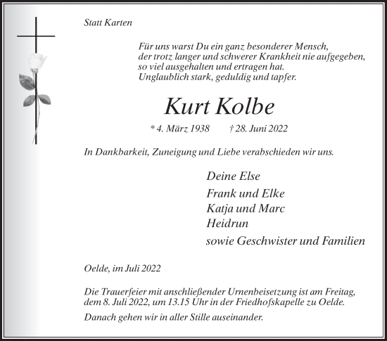 Traueranzeige von Kurt Kolbe von Die Glocke