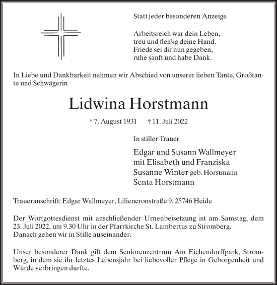 Traueranzeige von Lidwina Horstmann von Die Glocke