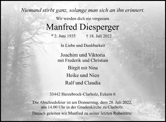 Traueranzeige von Manfred Diesperger von Die Glocke