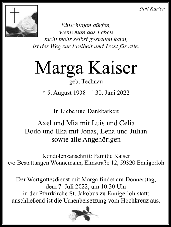 Traueranzeige von Marga Kaiser von Die Glocke