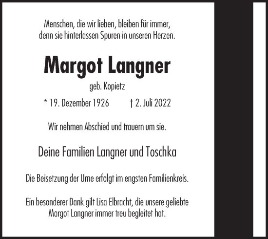 Traueranzeige von Margot Langner von Die Glocke