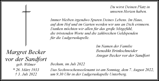 Traueranzeige von Margret Becker vor der Sandfort von Die Glocke