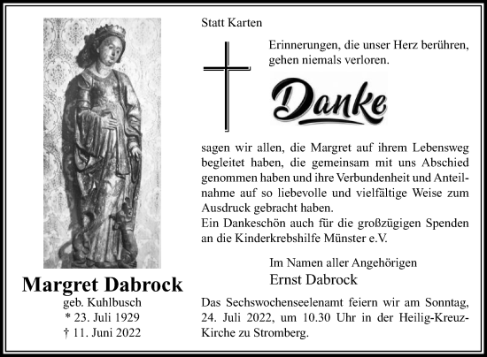 Traueranzeige von Margret Dabrock von Die Glocke