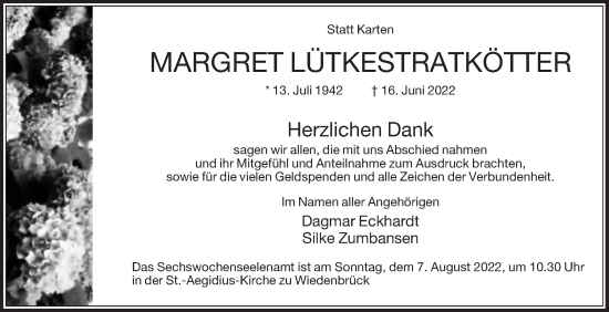 Traueranzeige von Margret Lütkestratkötter von Die Glocke