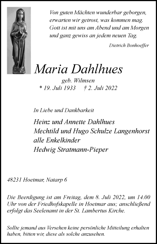 Traueranzeige von Maria Dahlhues von Die Glocke