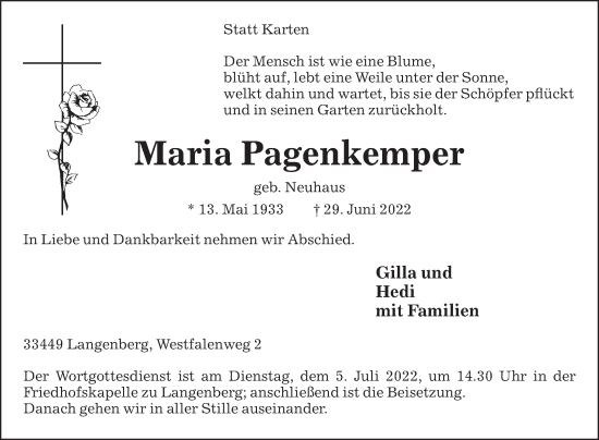 Traueranzeige von Maria Pagenkemper von Die Glocke
