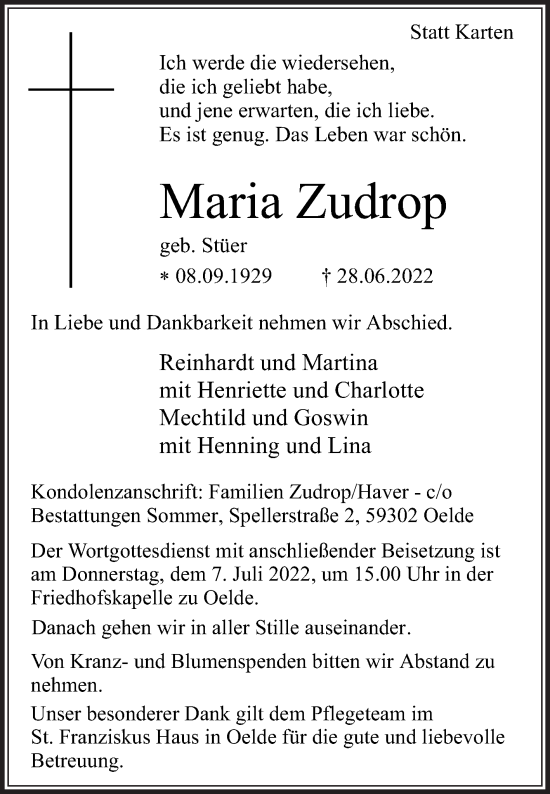 Traueranzeige von Maria Zudrop von Die Glocke