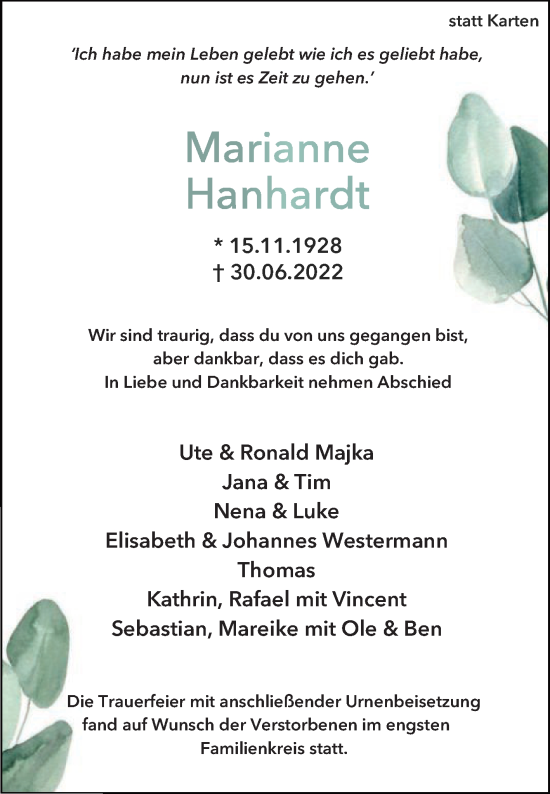 Traueranzeige von Marianne Hanhardt von Die Glocke