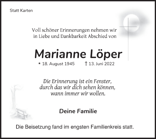Traueranzeige von Marianne Löper von Die Glocke