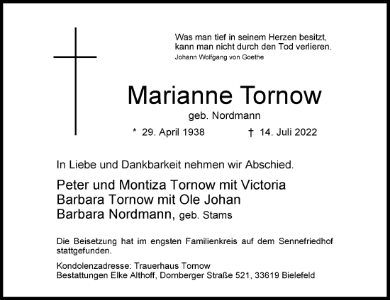 Traueranzeige von Marianne Tornow von Die Glocke