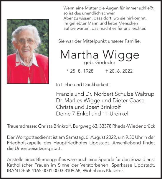 Traueranzeige von Martha Wigge von Die Glocke