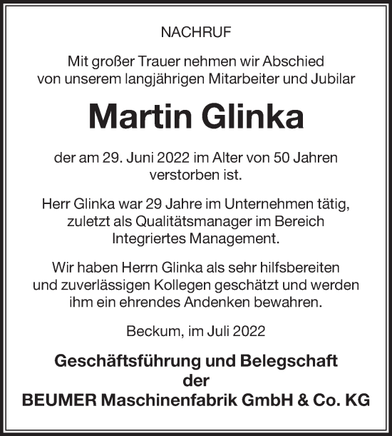 Traueranzeige von Martin Glinka von Die Glocke