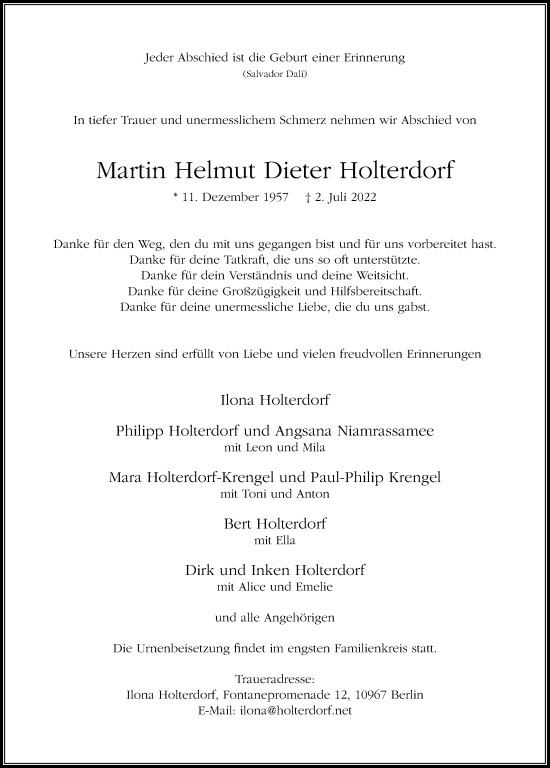 Traueranzeige von Martin Helmut Dieter Holterdorf von Die Glocke