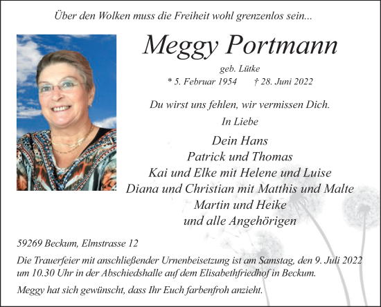Traueranzeige von Meggy Portmann von Die Glocke