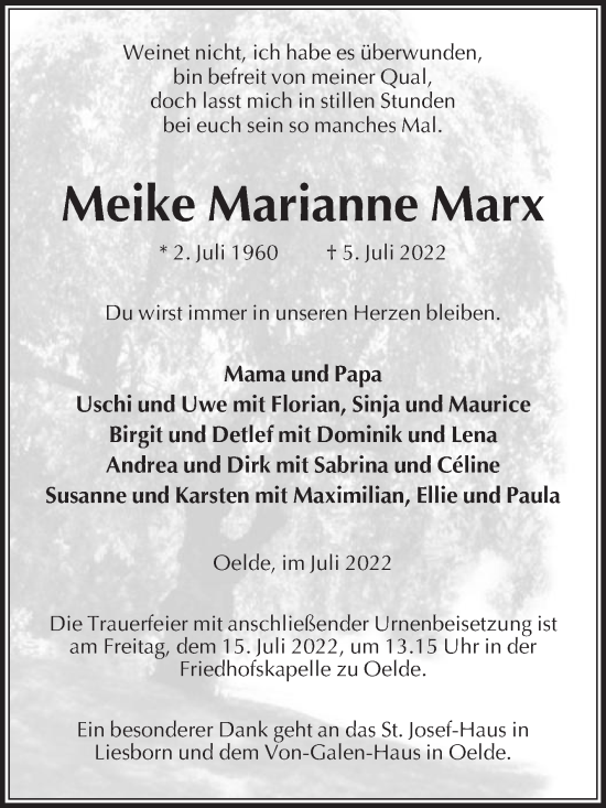 Traueranzeige von Meike Marianne Marx von Die Glocke