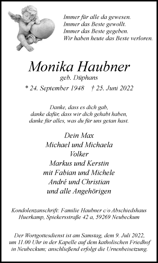 Traueranzeige von Monika Haubner von Die Glocke