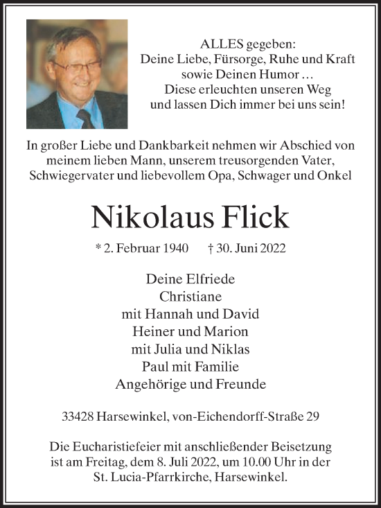 Traueranzeige von Nikolaus Flick von Die Glocke