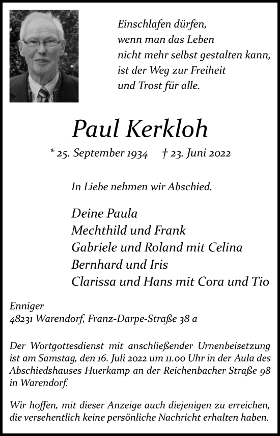 Traueranzeige von Paul Kerkloh von Die Glocke