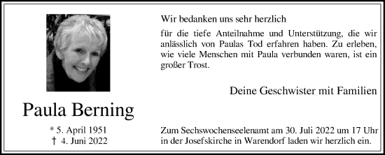 Traueranzeige von Paula Berning von Die Glocke