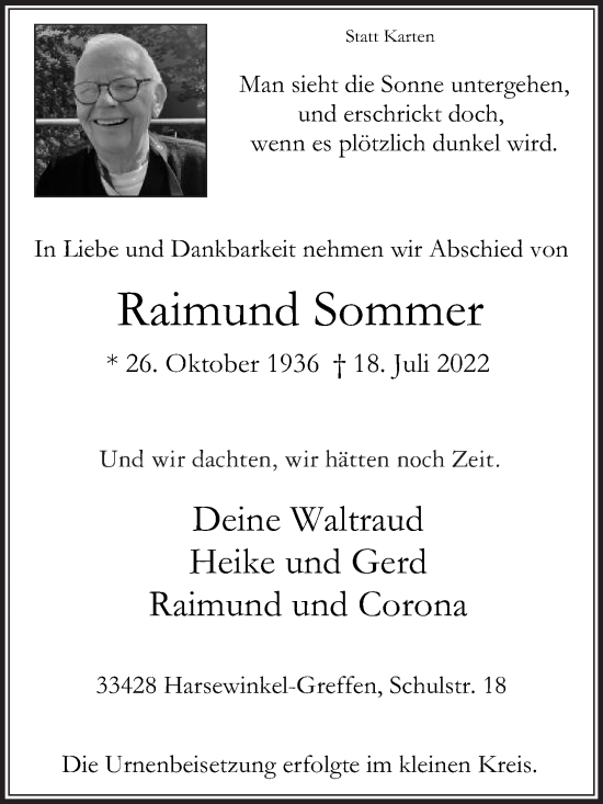 Traueranzeige von Raimund Sommer von Die Glocke