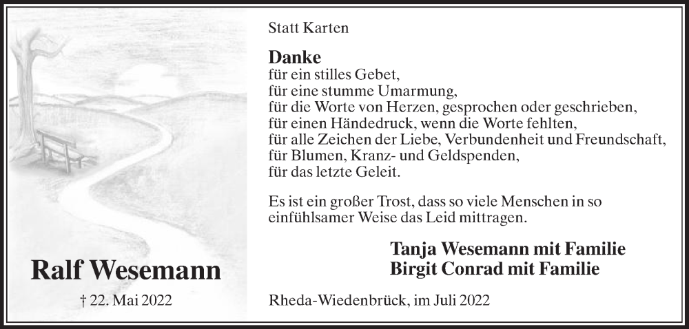  Traueranzeige für Ralf Wesemann vom 02.07.2022 aus Die Glocke