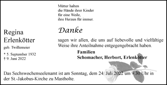 Traueranzeige von Regina Erlenkötter von Die Glocke