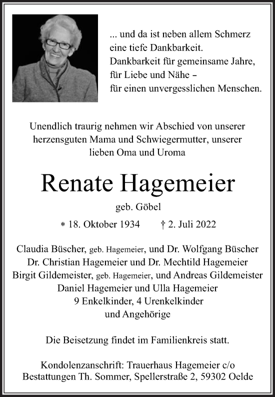 Traueranzeige von Renate Hagemeier von Die Glocke