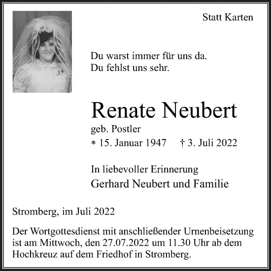 Traueranzeige von Renate Neubert von Die Glocke