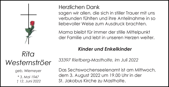 Traueranzeige von Rita Westernströer von Die Glocke