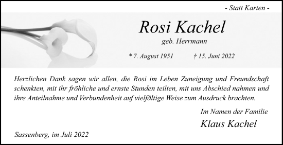 Traueranzeige von Rosi Kachel von Die Glocke