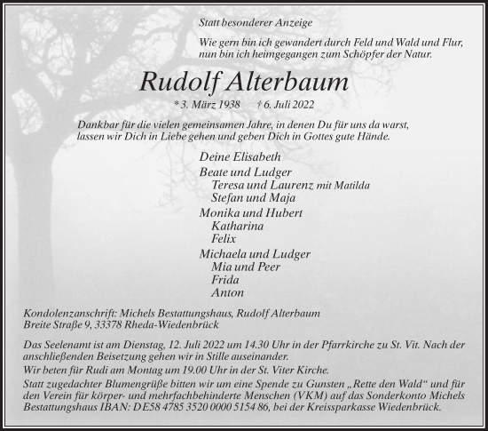 Traueranzeige von Rudolf Alterbaum von Die Glocke