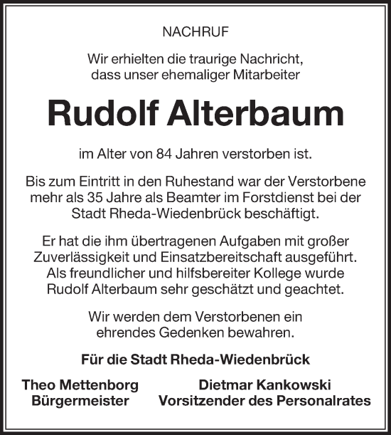 Traueranzeige von Rudolf Alterbaum von Die Glocke