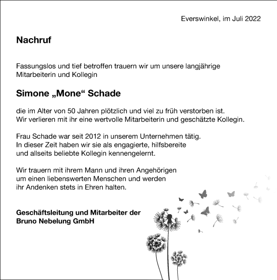 Traueranzeige von Simone Schade von Die Glocke