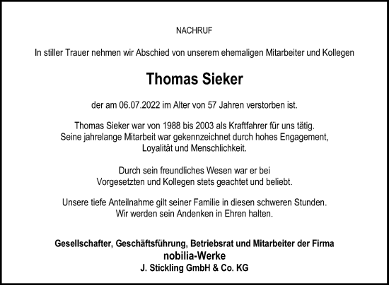 Traueranzeige von Thomas Sieker von Die Glocke