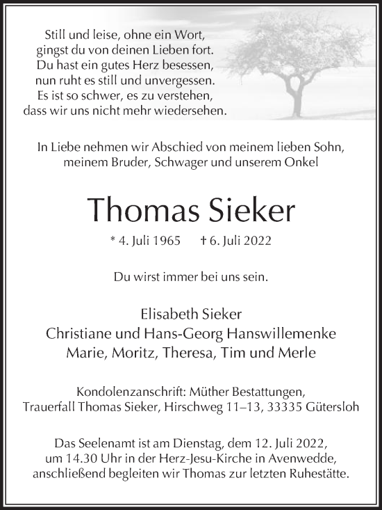 Traueranzeige von Thomas Sieker von Die Glocke