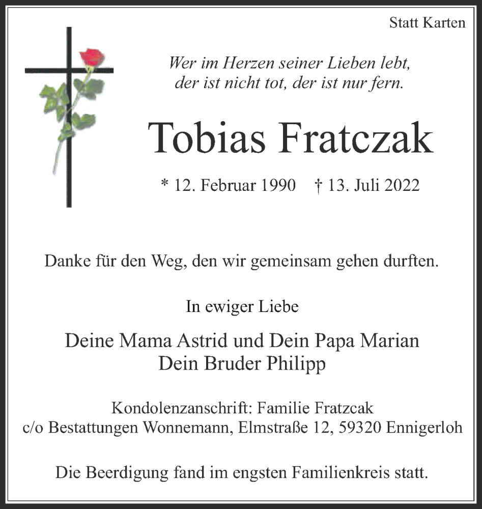  Traueranzeige für Tobias Fratczak vom 23.07.2022 aus Die Glocke