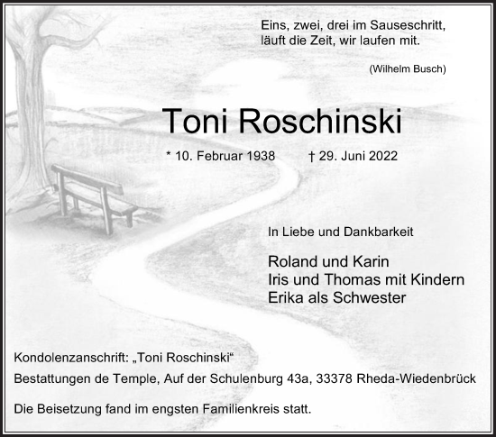Traueranzeige von Toni Roschinski von Die Glocke