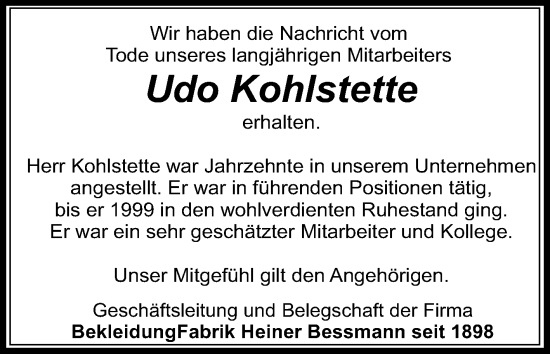 Traueranzeige von Udo Kohlstette von Die Glocke