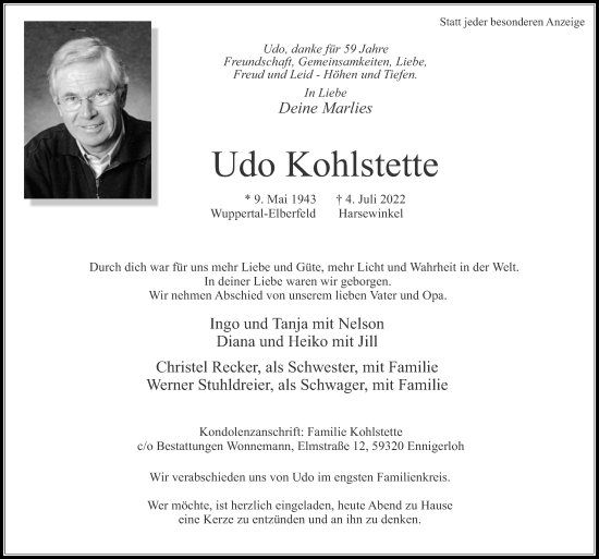 Traueranzeige von Udo Kohlstette von Die Glocke