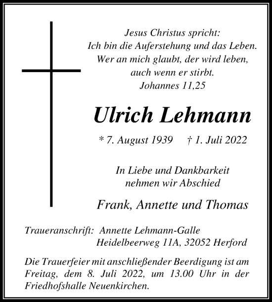 Traueranzeige von Ulrich Lehmann von Die Glocke